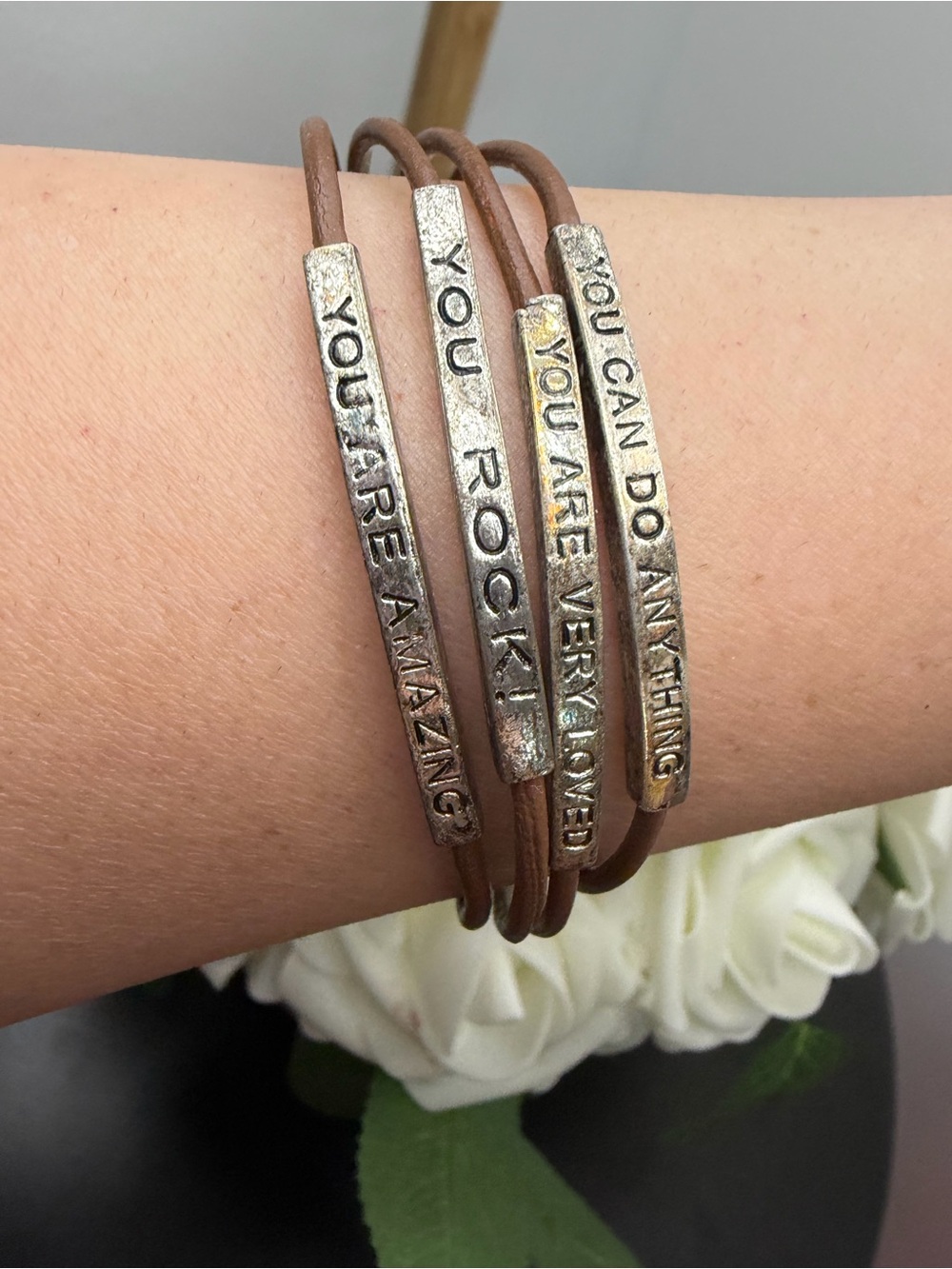 Inspirational Brown Leather Wrap Bracelet with Silver Message Bars